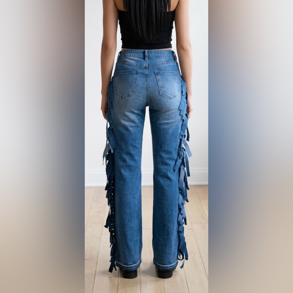 Upcycled Women’s Blue Distressed Fringe Jeans size XL - Picture 3 of 6
